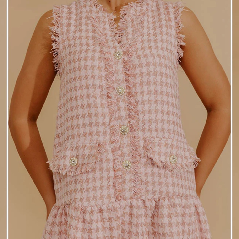 Pink Houndstooth Tweed Sleeveless Dress Vest - Picture 4 of 6